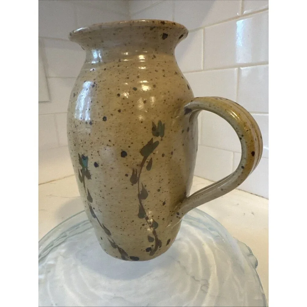 Small Handmade Pitcher Brown With Flowers 7 1/2 Tall Vintage